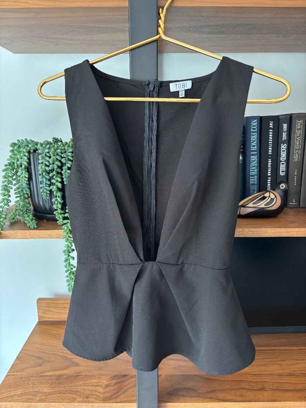Tobi Deep Plunge Satin Peplum Tank in Black